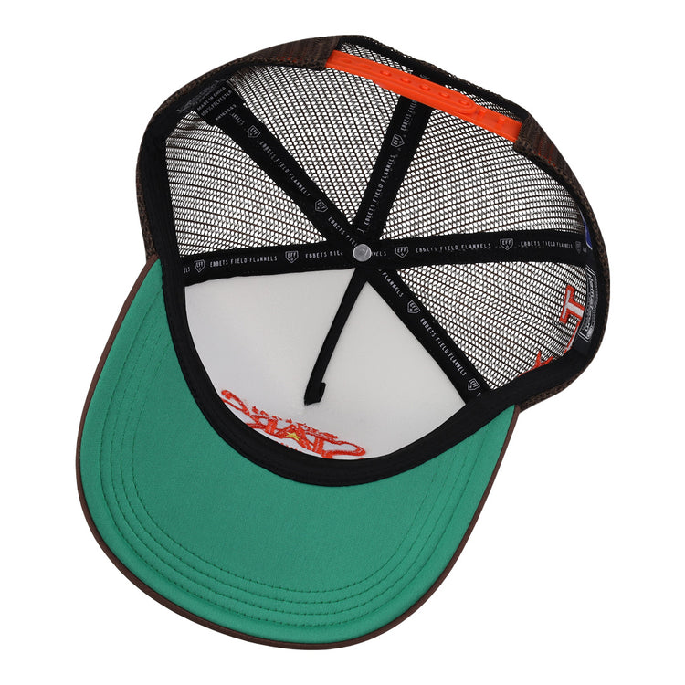 The image shows the inside of an EFF Las Vegas Stars EFF MiLB Vintage Foam Trucker - Logo hat with a green brim, black mesh back, orange accent, black sweatband, and branded taping reminiscent of the Vintage Minor League collection.