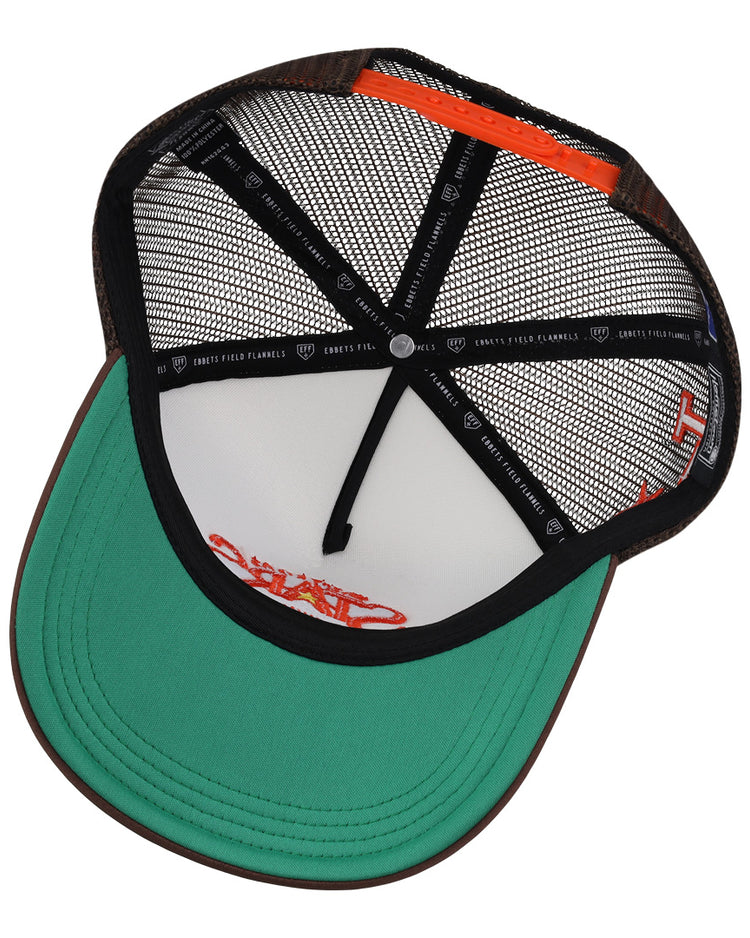 The image shows the inside of an EFF Las Vegas Stars EFF MiLB Vintage Foam Trucker - Logo hat with a green brim, black mesh back, orange accent, black sweatband, and branded taping reminiscent of the Vintage Minor League collection.