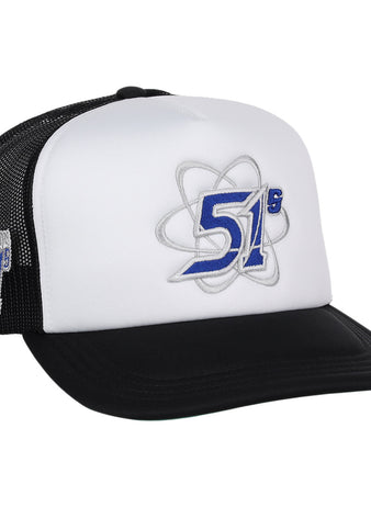 The EFF Las Vegas Area 51s MiLB Vintage Foam Trucker features a black and white snapback, blue and silver logo with atomic symbol on the front, and a matching side mesh logo—a collectible for true fans.