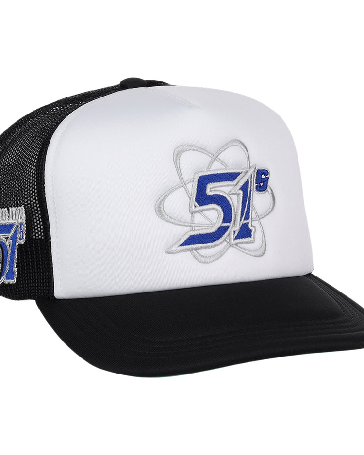 The EFF Las Vegas Area 51s MiLB Vintage Foam Trucker features a black and white snapback, blue and silver logo with atomic symbol on the front, and a matching side mesh logo—a collectible for true fans.