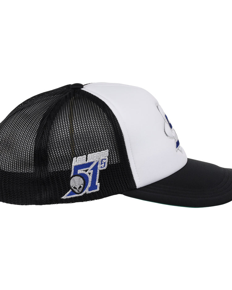 The EFF Las Vegas Area 51s MiLB Vintage Foam Trucker is a black and white mesh snapback hat with a curved brim, embroidered Las Vegas 51s logo, and alien head on the side—an iconic vintage minor league style.
