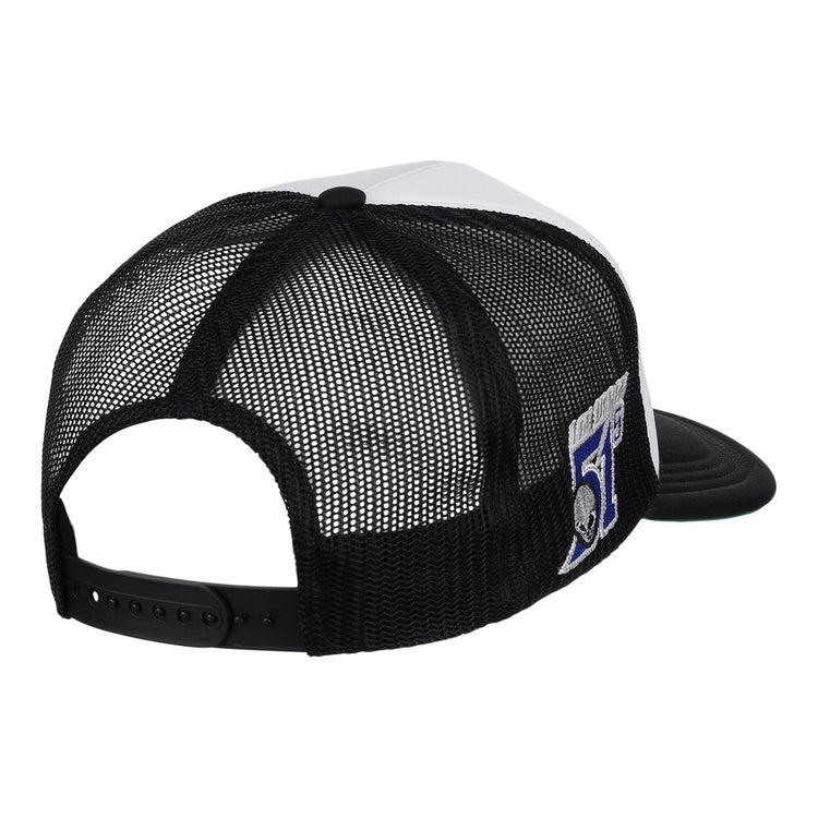 The EFF Las Vegas Area 51s MiLB Vintage Foam Trucker hat features a black and white mesh design, adjustable closure, and “51” embroidered patch on the left side. Photo shows the back-left angle.