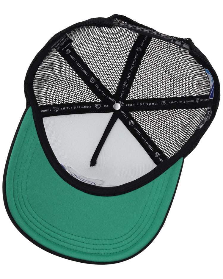 An inside view of the Las Vegas Area 51s EFF MiLB Vintage Foam Trucker by EFF, showing its green brim underside, black mesh panels, and black sweatband with white text.