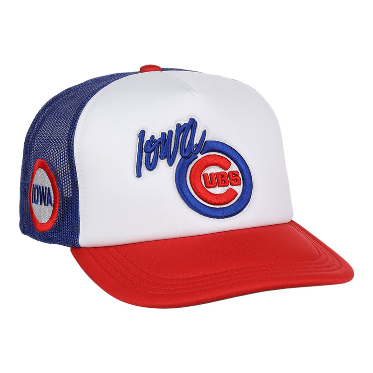 The EFF Iowa Cubs EFF MiLB Vintage Foam Trucker is a white, red, and blue snapback hat with “Iowa Cubs” embroidered on the front and an “Iowa” logo patch on the mesh side panel.