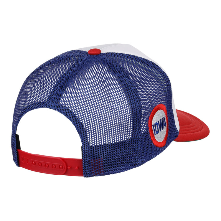 The EFF Iowa Cubs EFF MiLB Vintage Foam Trucker features a white front, blue mesh back, red brim, and an adjustable snap closure plus an “IOWA” patch—perfect for dedicated Iowa Cubs fans.