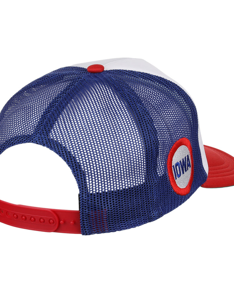 The EFF Iowa Cubs EFF MiLB Vintage Foam Trucker features a white front, blue mesh back, red brim, and an adjustable snap closure plus an “IOWA” patch—perfect for dedicated Iowa Cubs fans.