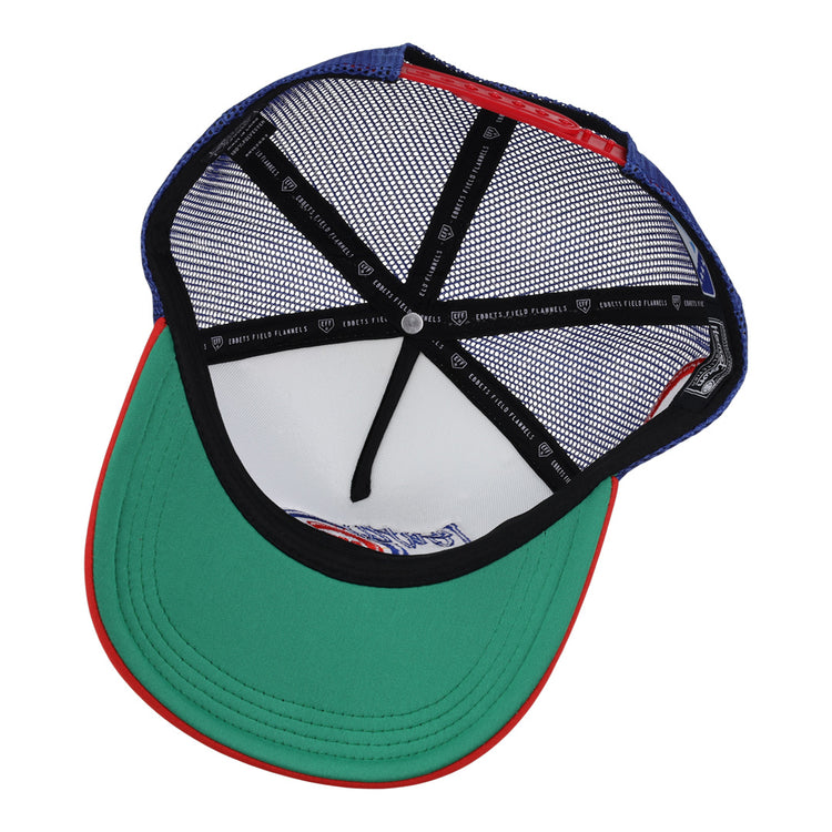 Inside view of the Iowa Cubs EFF MiLB Vintage Foam Trucker by EFF, featuring a green underbill, black mesh panels, black inner bands with white logos, red trim on the brim, blue exterior, and snapback closure.