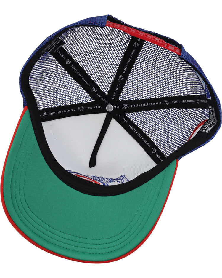 Inside view of the Iowa Cubs EFF MiLB Vintage Foam Trucker by EFF, featuring a green underbill, black mesh panels, black inner bands with white logos, red trim on the brim, blue exterior, and snapback closure.
