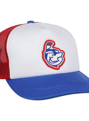 The EFF Indianapolis Indians EFF MiLB Vintage Foam Trucker features a white front, blue brim, red mesh back, cartoon mascot logo, and a stylized letter J on the side.