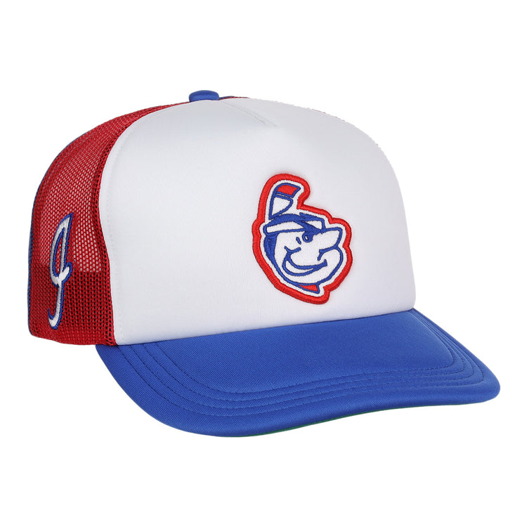 The EFF Indianapolis Indians EFF MiLB Vintage Foam Trucker features a white front, blue brim, red mesh back, cartoon mascot logo, and a stylized letter J on the side.