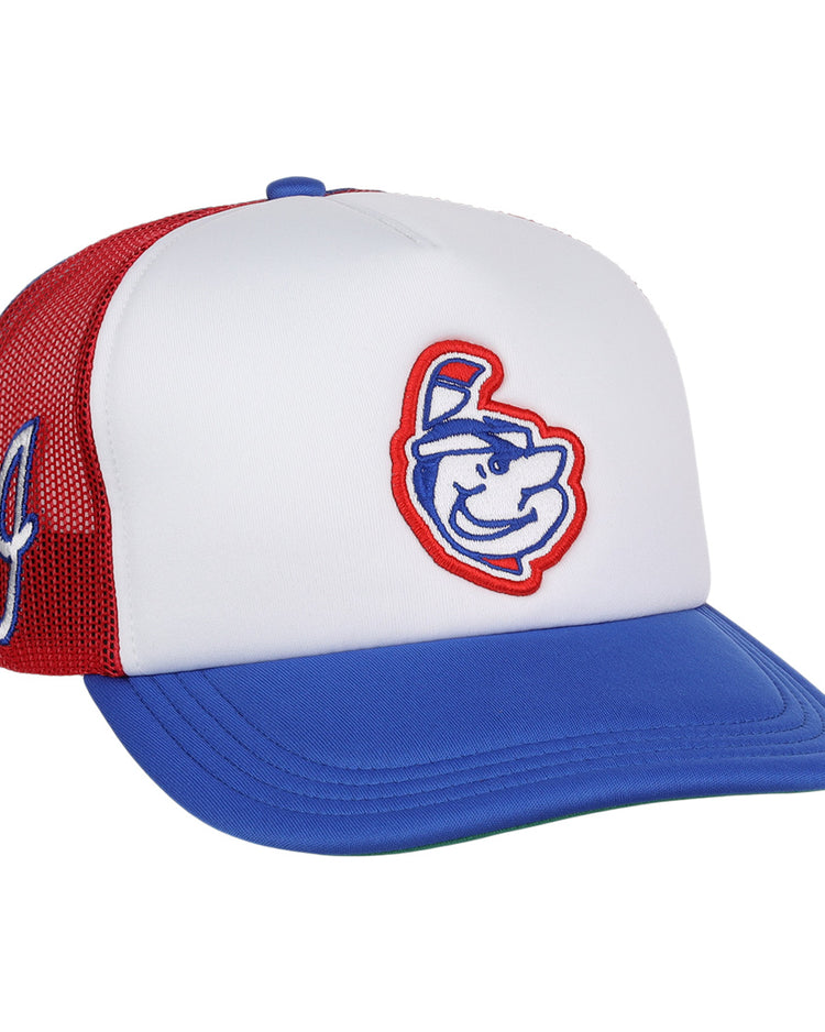 The EFF Indianapolis Indians EFF MiLB Vintage Foam Trucker features a white front, blue brim, red mesh back, cartoon mascot logo, and a stylized letter J on the side.