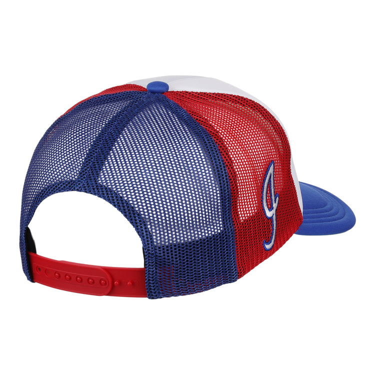The EFF Indianapolis Indians MiLB Vintage Foam Trucker cap, shown from the back in red, white, and blue mesh, features an adjustable red snapback and an embroidered letter J on the side.