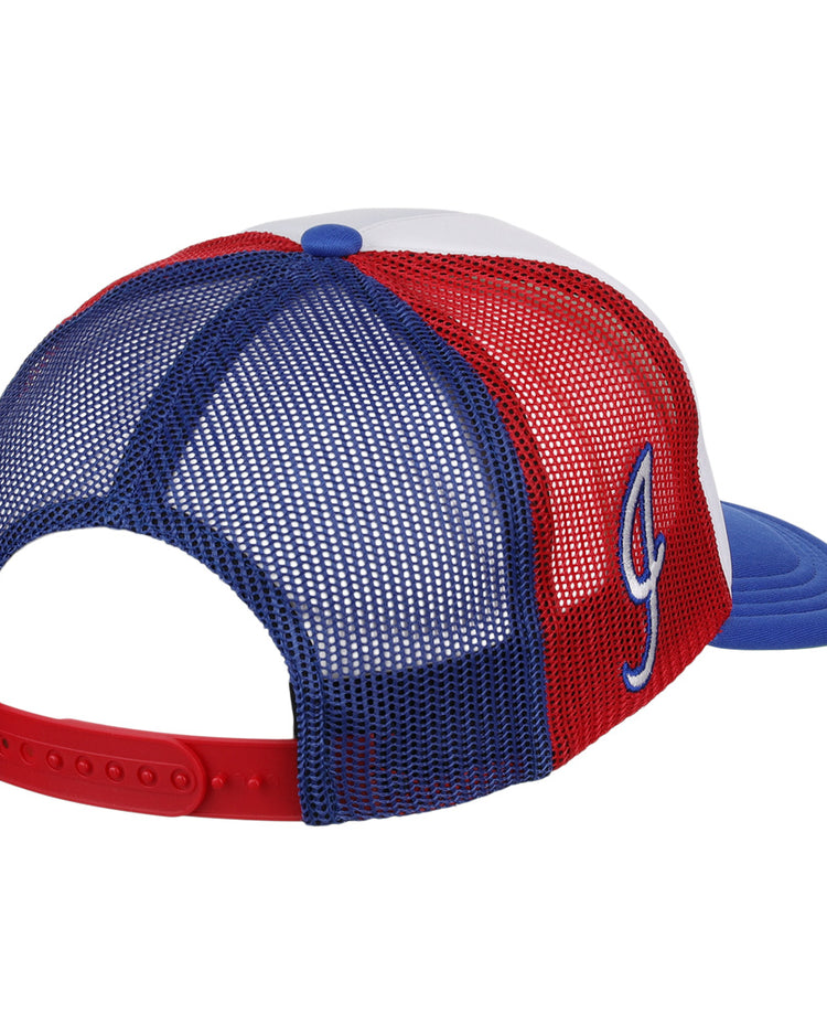 The EFF Indianapolis Indians MiLB Vintage Foam Trucker cap, shown from the back in red, white, and blue mesh, features an adjustable red snapback and an embroidered letter J on the side.
