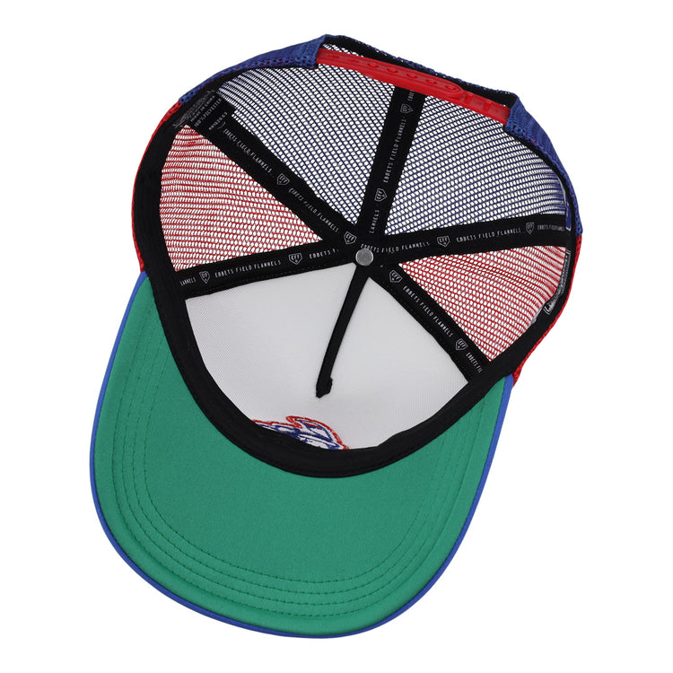 The image shows the underside of the EFF Indianapolis Indians MiLB Vintage Foam Trucker hat, featuring a green brim, white front panel, black mesh back, red and blue trim, and inside bands with Vintage Minor League collection logos.