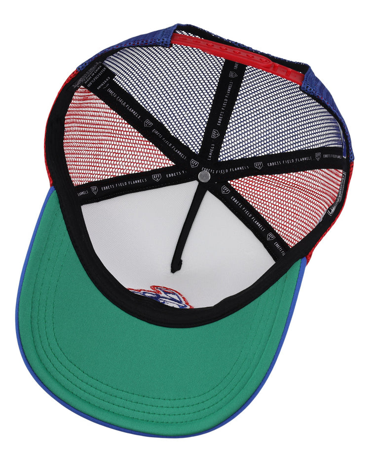 The image shows the underside of the EFF Indianapolis Indians MiLB Vintage Foam Trucker hat, featuring a green brim, white front panel, black mesh back, red and blue trim, and inside bands with Vintage Minor League collection logos.