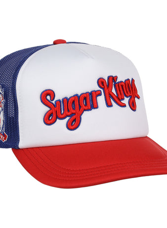 The EFF Havana Sugar Kings MiLB Vintage Foam Trucker cap features red, white, and blue colors, “Sugar Kings” embroidered in red on the front, and a patch honoring Havana baseball history with a crown, baseball, and 1954 on the side.