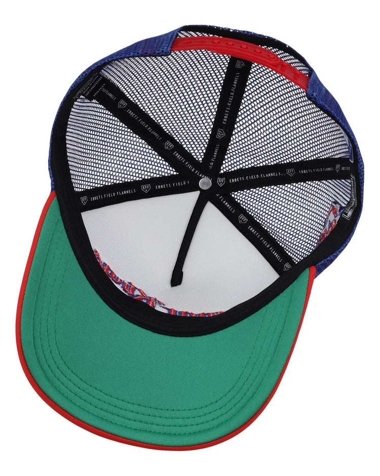 A look inside the Havana Sugar Kings EFF MiLB Vintage Foam Trucker by EFF shows a green brim with red edge, black sweatband, white mesh panels, blue sides, and detailed label—celebrating Havanas baseball heritage.