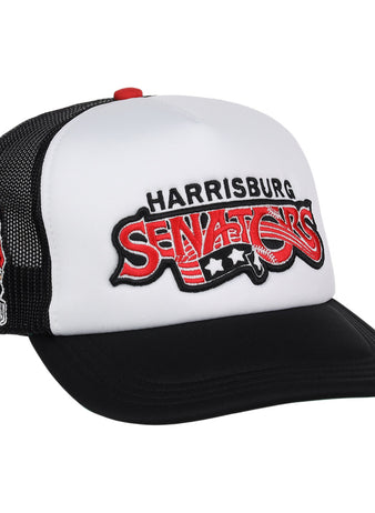 The EFF Harrisburg Senators MiLB Vintage Foam Trucker cap features black and white colors, team embroidery on the front, a small mascot on the side, and a red top button—perfect for Vintage Minor League fans.