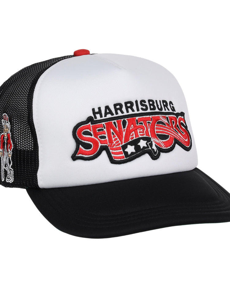 The EFF Harrisburg Senators MiLB Vintage Foam Trucker cap features black and white colors, team embroidery on the front, a small mascot on the side, and a red top button—perfect for Vintage Minor League fans.