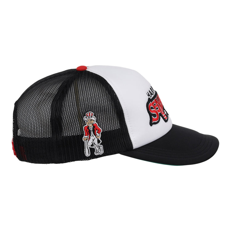 Side view of the Harrisburg Senators EFF MiLB Vintage Foam Trucker by EFF, a black and white mesh hat featuring a red top button, vintage cartoon logo, and bold red and white SENATORS lettering.