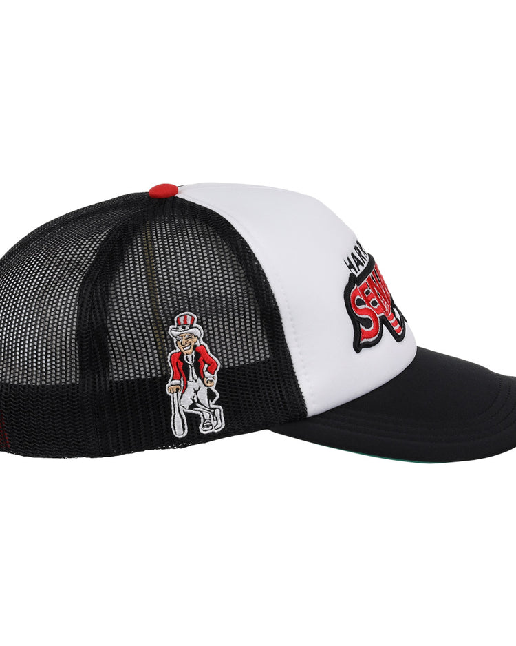 Side view of the Harrisburg Senators EFF MiLB Vintage Foam Trucker by EFF, a black and white mesh hat featuring a red top button, vintage cartoon logo, and bold red and white SENATORS lettering.