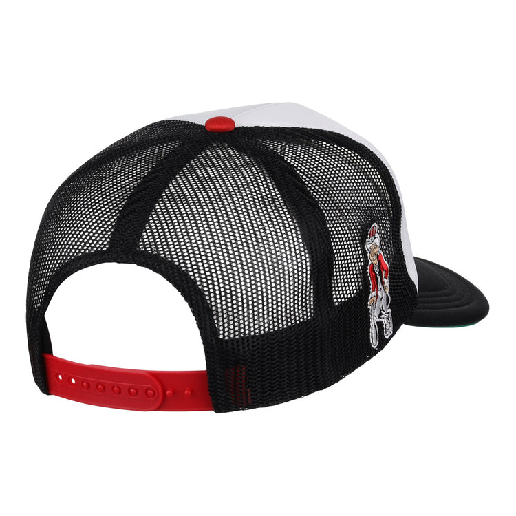 The EFF Harrisburg Senators MiLB Vintage Foam Trucker is a black mesh snapback cap with a red adjustable strap, white front panel, and small embroidered cyclist on the side, shown from the back angle. Part of the Vintage Minor League collection.