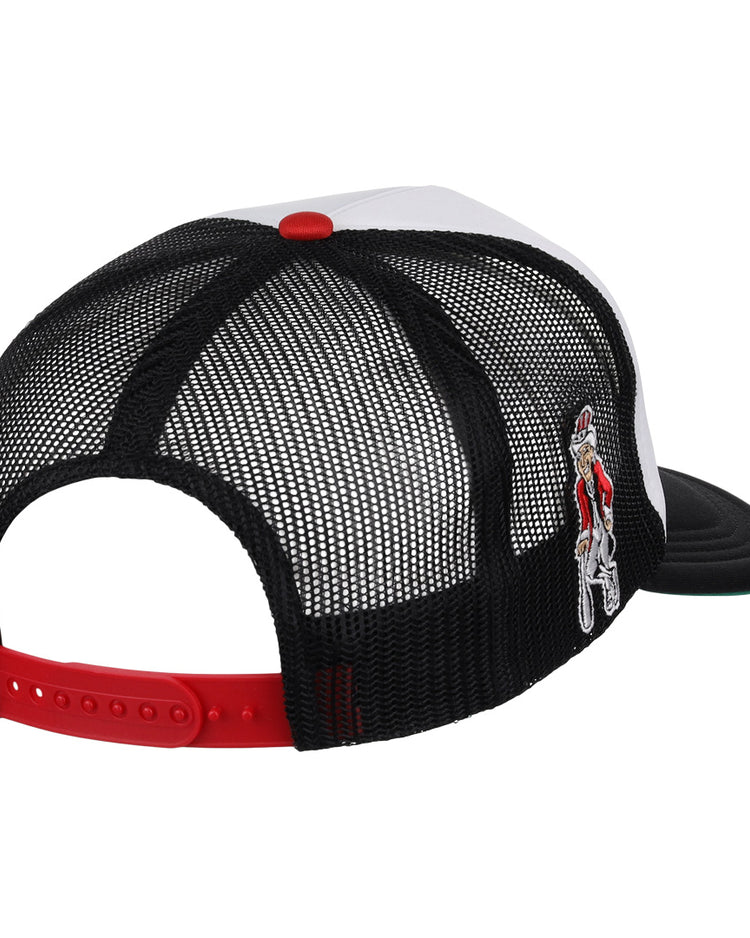 The EFF Harrisburg Senators MiLB Vintage Foam Trucker is a black mesh snapback cap with a red adjustable strap, white front panel, and small embroidered cyclist on the side, shown from the back angle. Part of the Vintage Minor League collection.