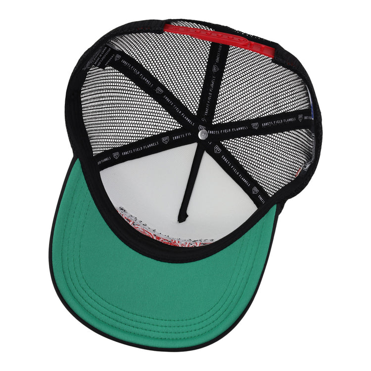 The image shows the inside of an EFF Harrisburg Senators EFF MiLB Vintage Foam Trucker hat. The black mesh snapback has a green brim, black strips with white text and logos, and an unstructured mesh crown.