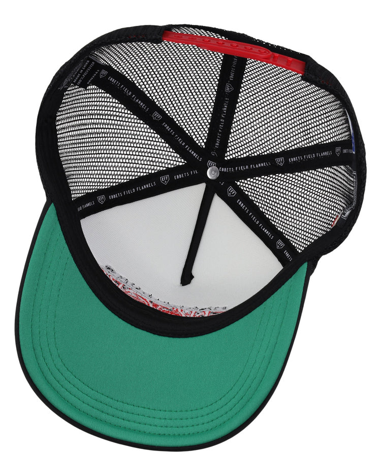 The image shows the inside of an EFF Harrisburg Senators EFF MiLB Vintage Foam Trucker hat. The black mesh snapback has a green brim, black strips with white text and logos, and an unstructured mesh crown.