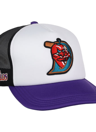 The EFF El Paso Diablos MiLB Vintage Foam Trucker is a snapback cap with a white front, black mesh back, and purple brim. It features a chili pepper logo on the front and “El Paso Diablos” embroidered on the side in red and yellow.