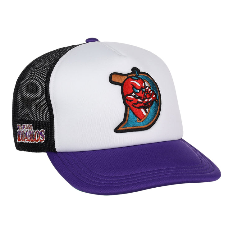 The EFF El Paso Diablos MiLB Vintage Foam Trucker is a snapback cap with a white front, black mesh back, and purple brim. It features a chili pepper logo on the front and “El Paso Diablos” embroidered on the side in red and yellow.