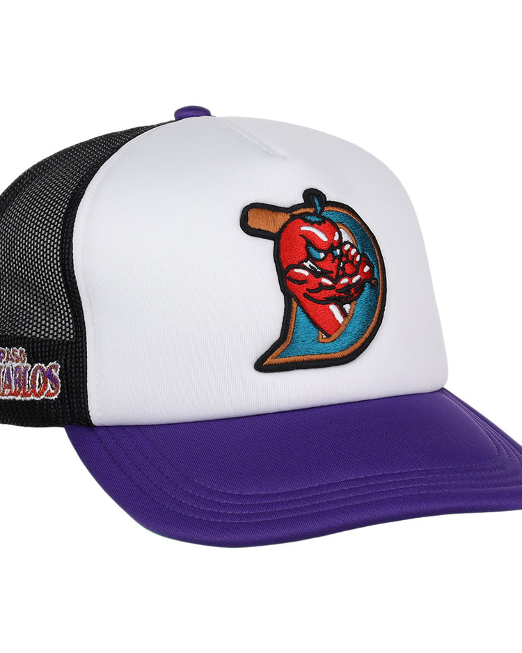 The EFF El Paso Diablos MiLB Vintage Foam Trucker is a snapback cap with a white front, black mesh back, and purple brim. It features a chili pepper logo on the front and “El Paso Diablos” embroidered on the side in red and yellow.