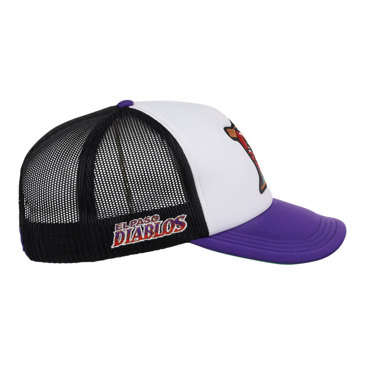 A side view of the El Paso Diablos EFF MiLB Vintage Foam Trucker by EFF shows a purple brim, white front, black mesh sides, and El Paso Diablos embroidered on the side—a highlight of the Vintage Minor League collection.