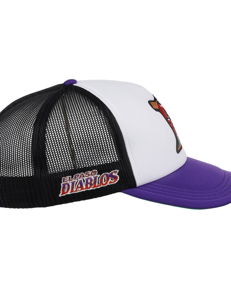 A side view of the El Paso Diablos EFF MiLB Vintage Foam Trucker by EFF shows a purple brim, white front, black mesh sides, and El Paso Diablos embroidered on the side—a highlight of the Vintage Minor League collection.