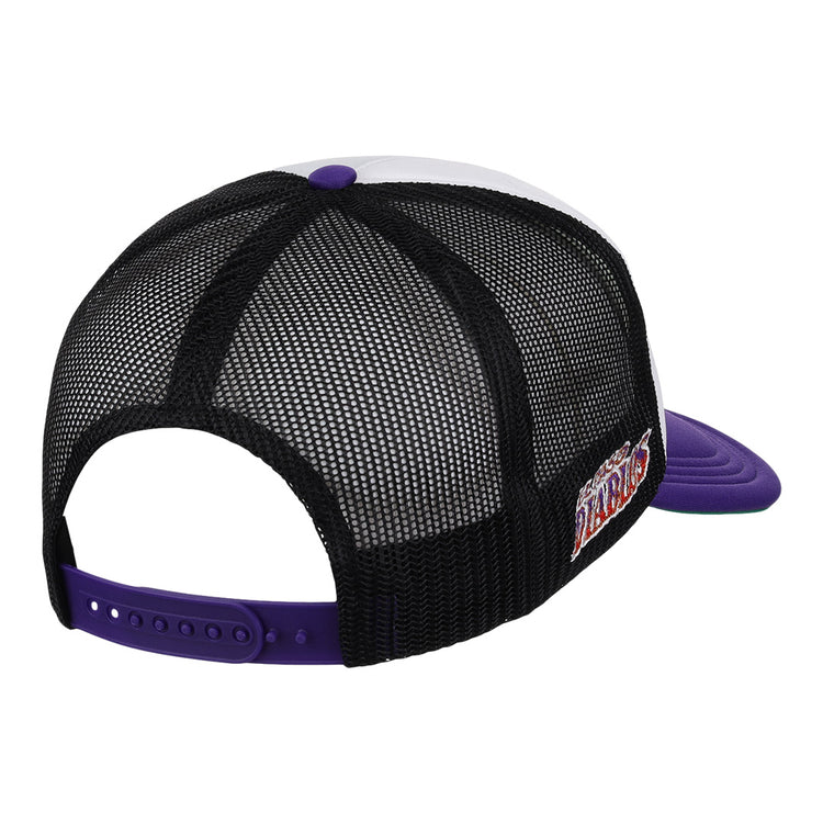 The EFF El Paso Diablos EFF MiLB Vintage Foam Trucker features a white front, purple bill and snapback, black mesh panels, and an El Paso Diablos logo patch. Shown from the back, this cap is part of the Vintage Minor League collection.