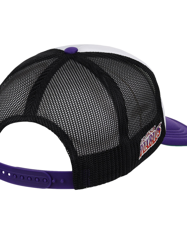 The EFF El Paso Diablos EFF MiLB Vintage Foam Trucker features a white front, purple bill and snapback, black mesh panels, and an El Paso Diablos logo patch. Shown from the back, this cap is part of the Vintage Minor League collection.
