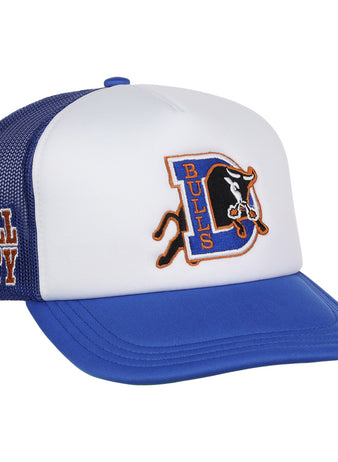 The EFF Durham Bulls EFF MiLB Vintage Foam Trucker hat features a blue and white design, mesh back, the Durham Bulls logo on front, and “BULL CITY” in orange on the side—a must-have for vintage Minor League fans.
