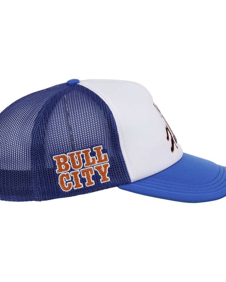 The EFF Durham Bulls EFF MiLB Vintage Foam Trucker features solid blue and white on the front, a blue and white mesh back, and BULL CITY in orange on the side panel, inspired by vintage Minor League style.