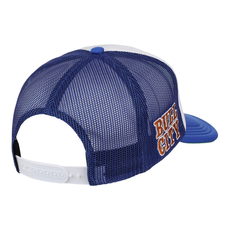 The EFF Durham Bulls EFF MiLB Vintage Foam Trucker features a blue mesh back with a white adjustable snapback strap, shown from the rear angle. BULL CITY is embroidered on the side in orange and white, evoking vintage minor league style.