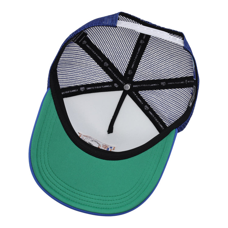 Inside view of the EFF Durham Bulls EFF MiLB Vintage Foam Trucker shows a green underbill, black inner seams with text, white mesh panels, and a blue rim.