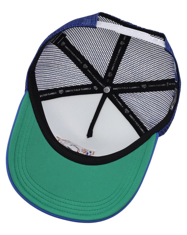 Inside view of the EFF Durham Bulls EFF MiLB Vintage Foam Trucker shows a green underbill, black inner seams with text, white mesh panels, and a blue rim.