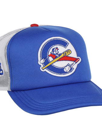 The EFF Columbus Jets MiLB Vintage Foam Trucker is a blue and white cap with a large hockey-inspired Chicago Cubs-style logo on the front and Jets in script on the mesh side panel, echoing classic Minor League style.