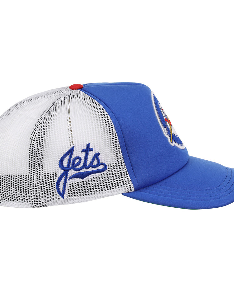The EFF Columbus Jets EFF MiLB Vintage Foam Trucker features a solid blue front, white mesh back, red button, and “Jets” embroidered in blue script—ideal for International League baseball fans.