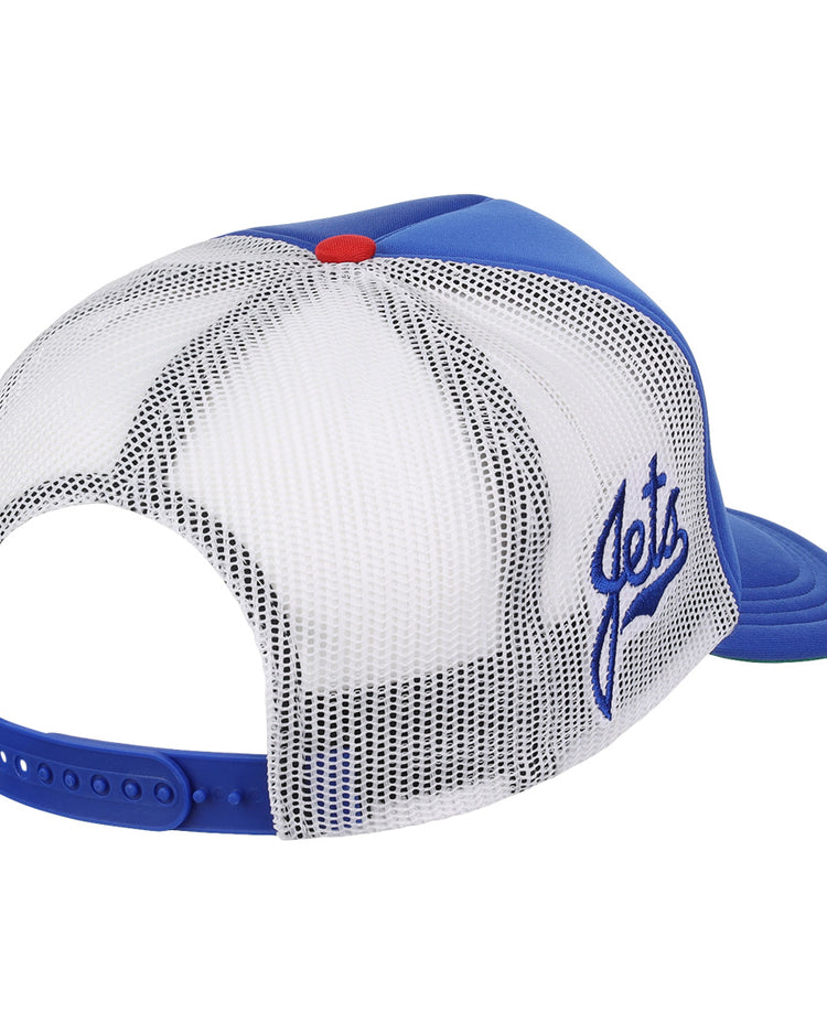 A blue and white EFF Columbus Jets EFF MiLB Vintage Foam Trucker hat, viewed from the back, with an adjustable snapback and Jets embroidered in blue script—classic style inspired by the vintage Columbus Jets cap.