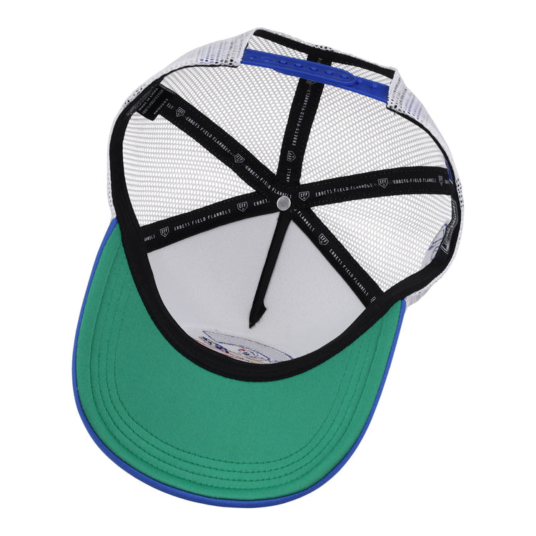 A top-down view of the EFF Columbus Jets EFF MiLB Vintage Foam Trucker hat, featuring a green brim, black interior lining, white mesh panels, and blue accents along the edge.