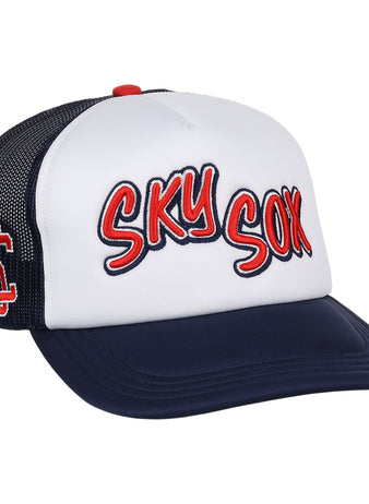 The EFF Colorado Springs Sky Sox Vintage MiLB Foam Trucker hat has a white and navy design, mesh back, curved brim, bold red and black SKY SOX chain-stitched embroidery, and a matching logo on the side.