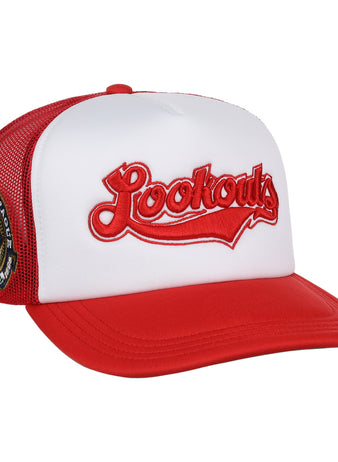 The Chattanooga Lookouts EFF MiLB Vintage Foam Trucker by EFF features a red and white design, Lookouts in red script on the front, a Southern League patch, red bill, mesh back, and is part of the Vintage Minor League collection.