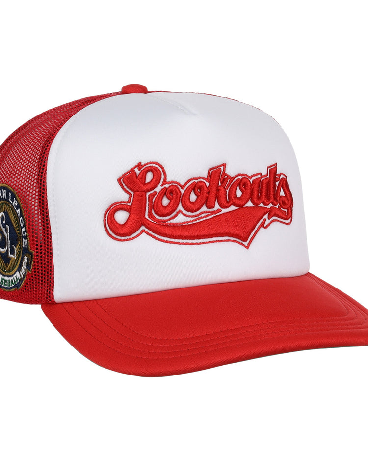 The Chattanooga Lookouts EFF MiLB Vintage Foam Trucker by EFF features a red and white design, Lookouts in red script on the front, a Southern League patch, red bill, mesh back, and is part of the Vintage Minor League collection.
