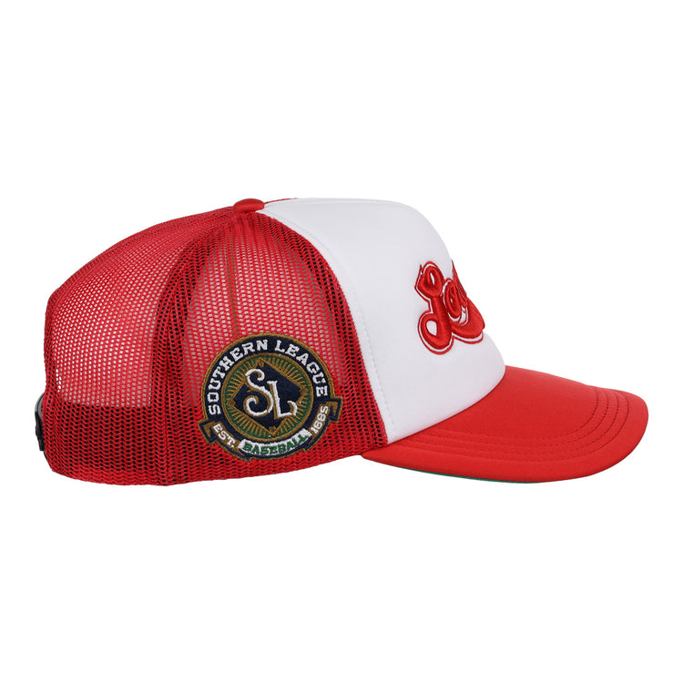 The Chattanooga Lookouts EFF MiLB Vintage Foam Trucker by EFF features a red and white mesh design, bold “Lookouts” logo, red brim, and Southern League 50th Anniversary patch—ideal for Vintage Minor League fans.