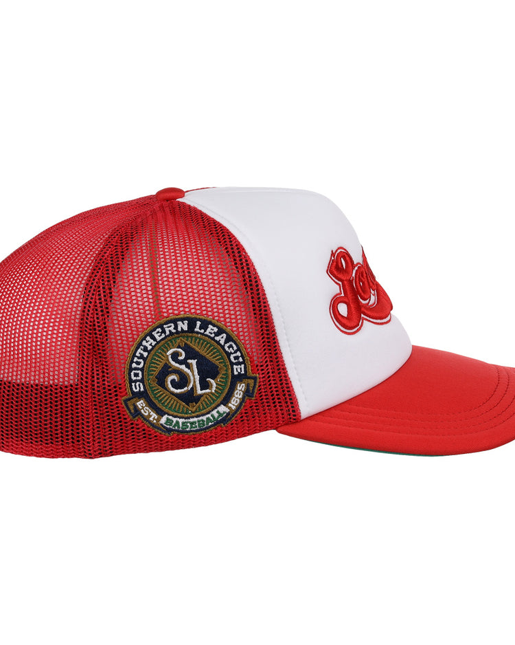 The Chattanooga Lookouts EFF MiLB Vintage Foam Trucker by EFF features a red and white mesh design, bold “Lookouts” logo, red brim, and Southern League 50th Anniversary patch—ideal for Vintage Minor League fans.